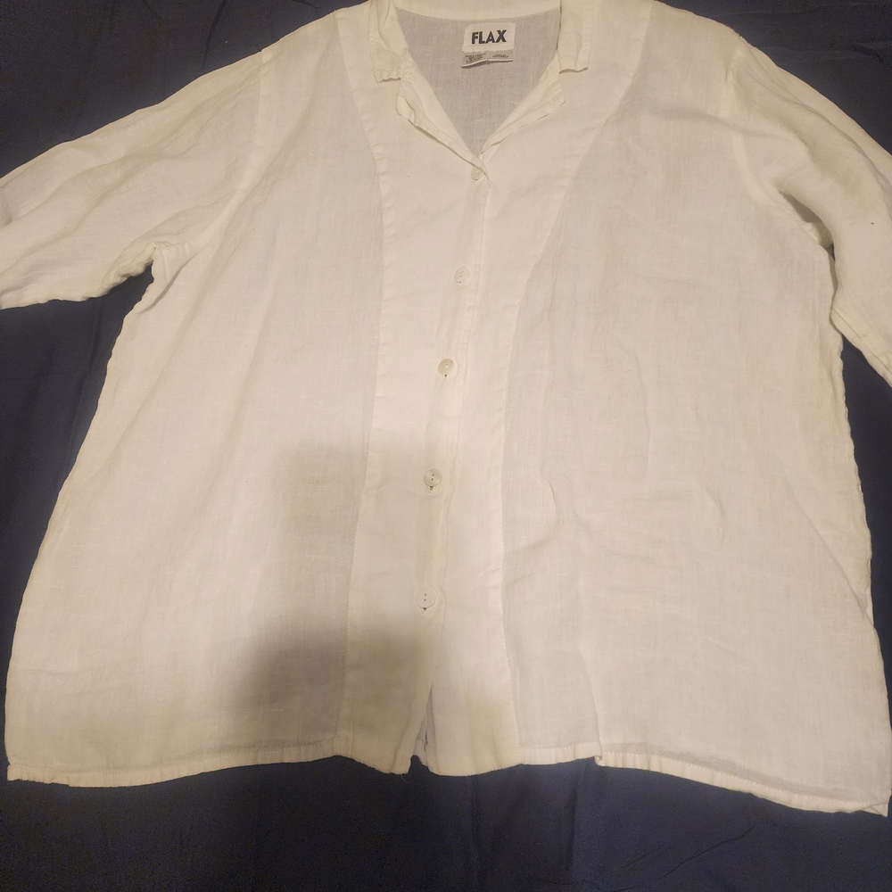 Flax Long Sleeves, Button Up, White Linen Top (L) B: 50"